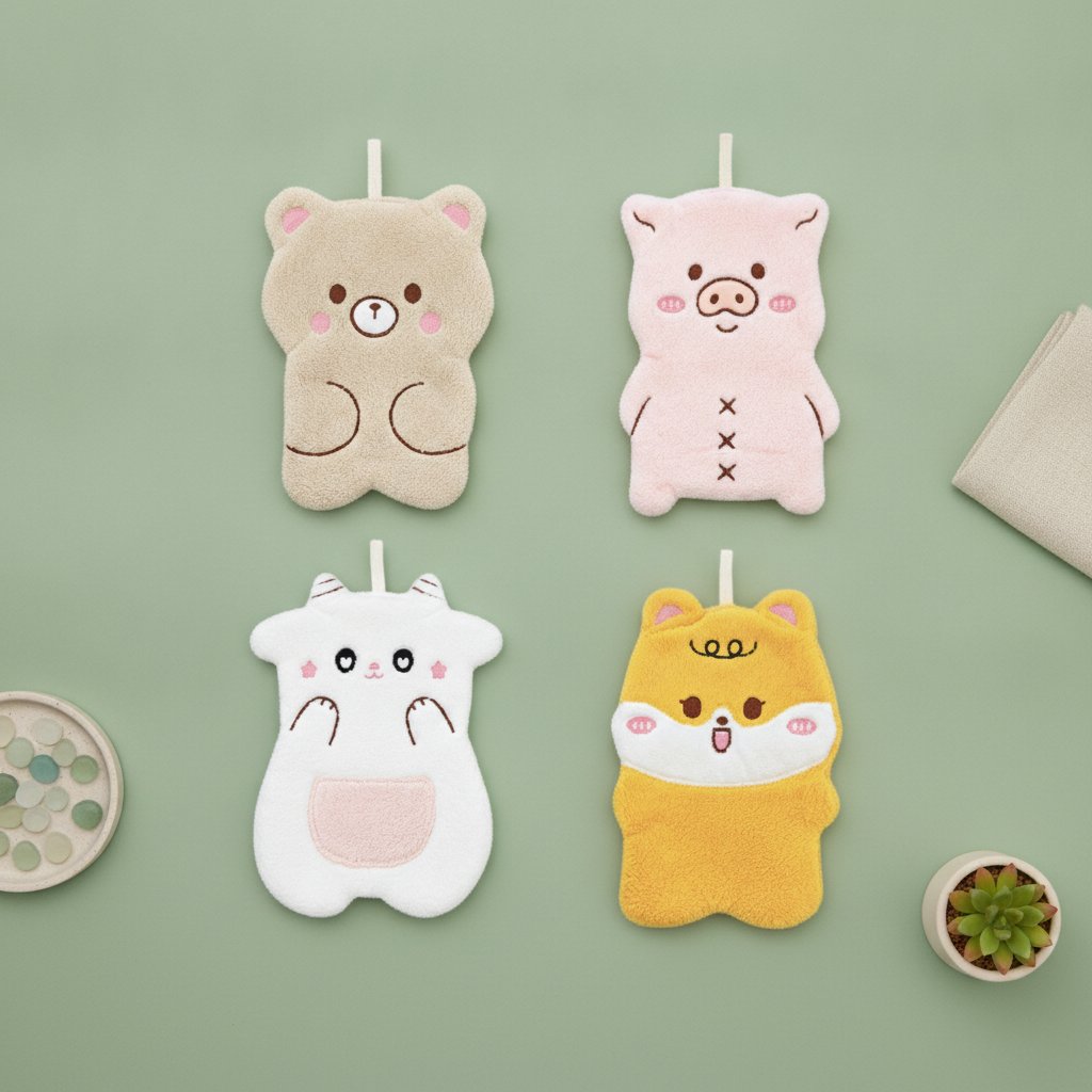 Quattro asciughini da cucina in spugna sagomati a orso, maialino, gattino e volpe, con asola.