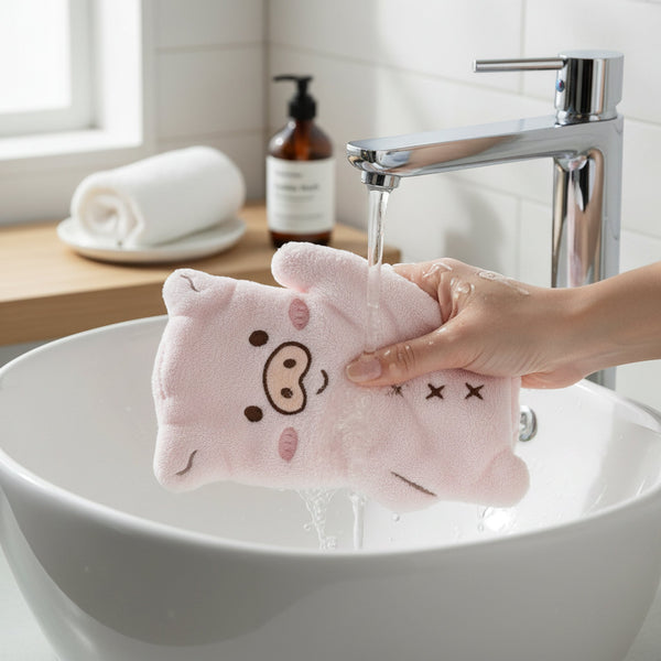 Quattro asciughini da cucina in cotone con disegni di animaletti kawaii nei colori beige, rosa, bianco e giallo