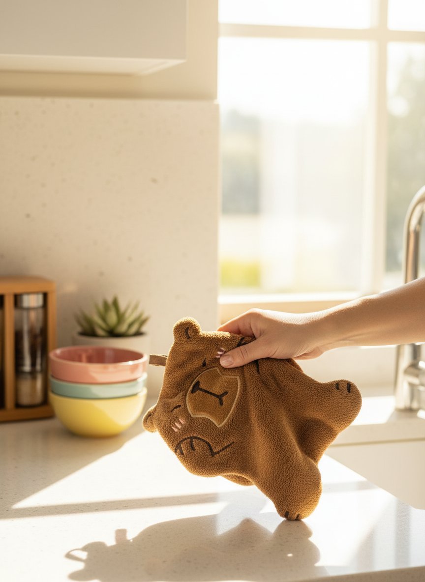 Asciughino da cucina a forma di orso marrone in pile con viso tenero ricamato e gancio per appendere