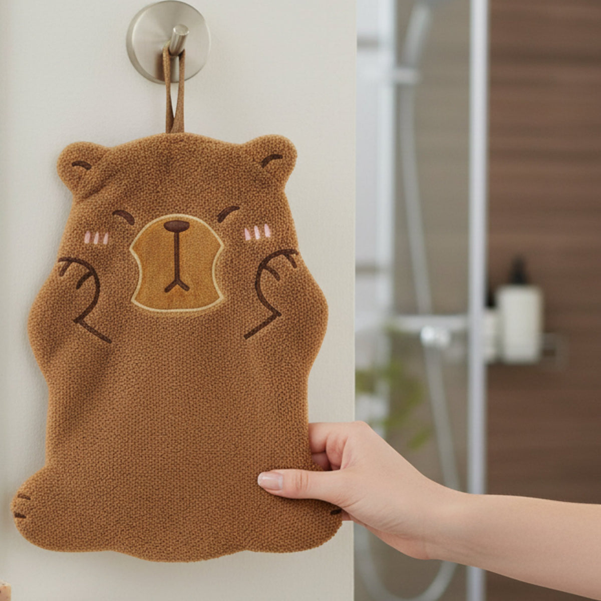 Asciughino da cucina a forma di orso marrone in pile con viso tenero ricamato e gancio per appendere