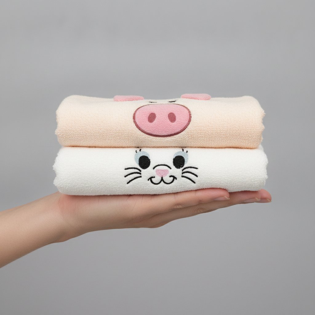 Due asciugamani morbidi con volti kawaii ricamati: uno rosa con maialino e uno bianco con gattino, formato 35x75 centimetri