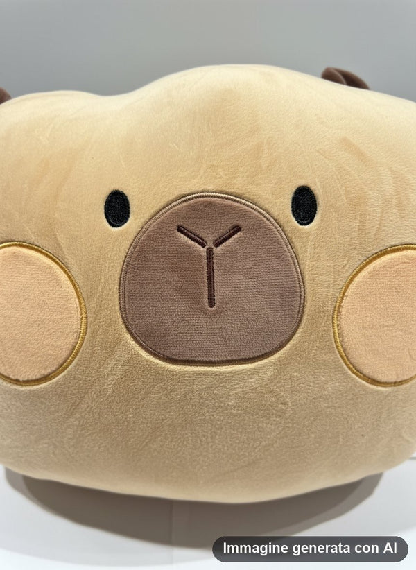 Cuscino sagomato morbido beige a forma di testa di capibara con guance arancioni e orecchie marroni