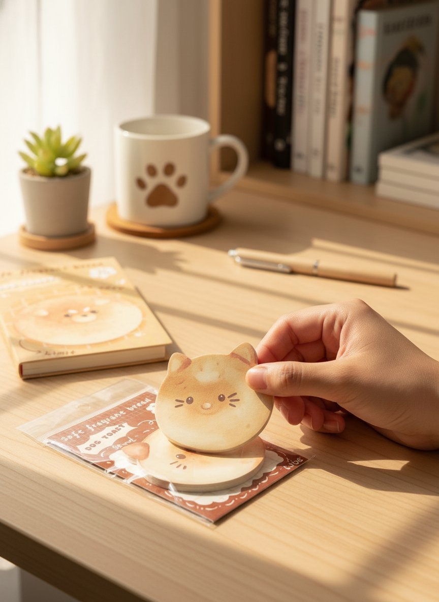 Confezione di sticky notes a forma di pane tostato con facce di gatto kawaii, disponibili in 4 varianti colorate
