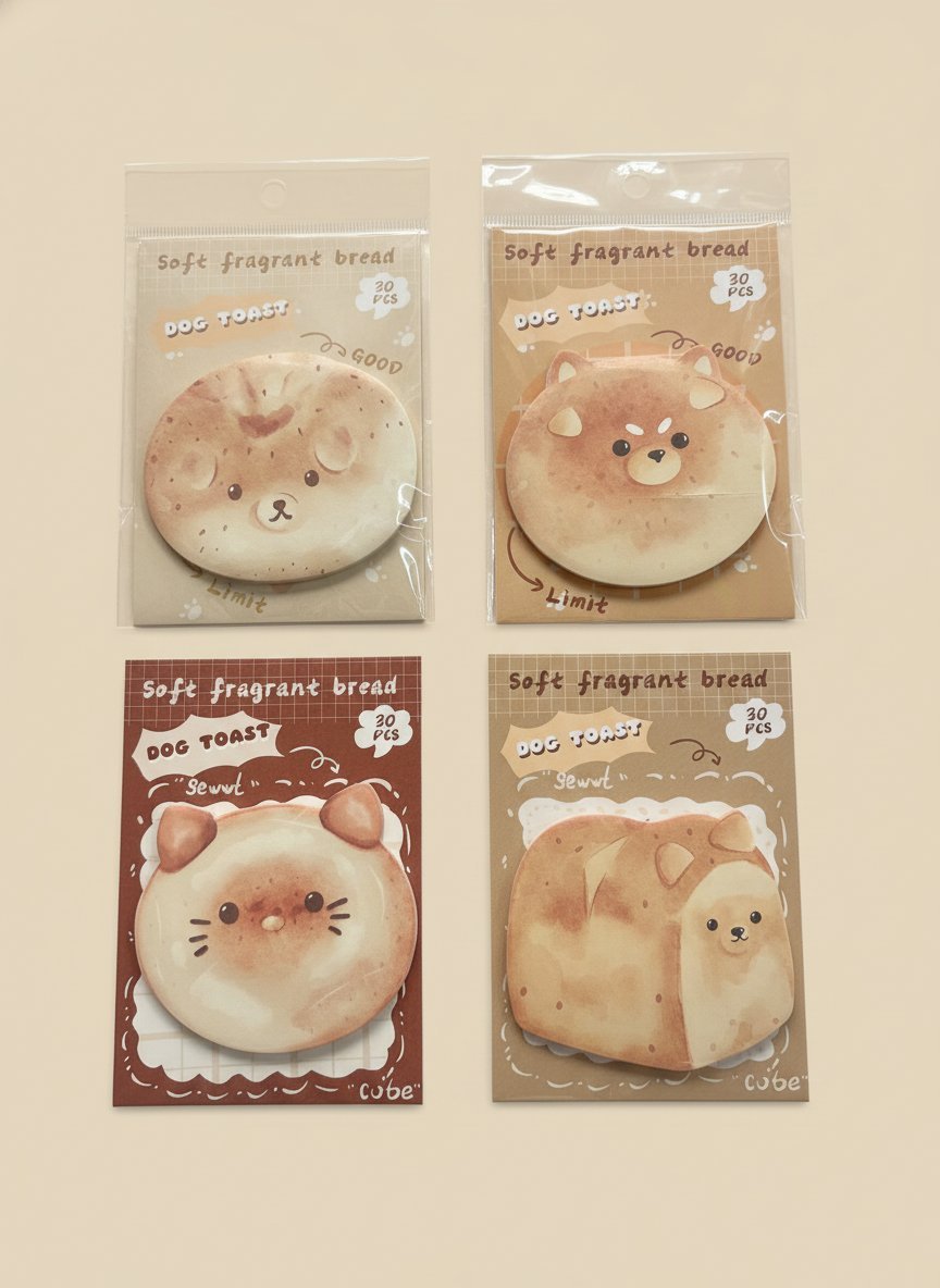 Confezione di sticky notes a forma di pane tostato con facce di gatto kawaii, disponibili in 4 varianti colorate