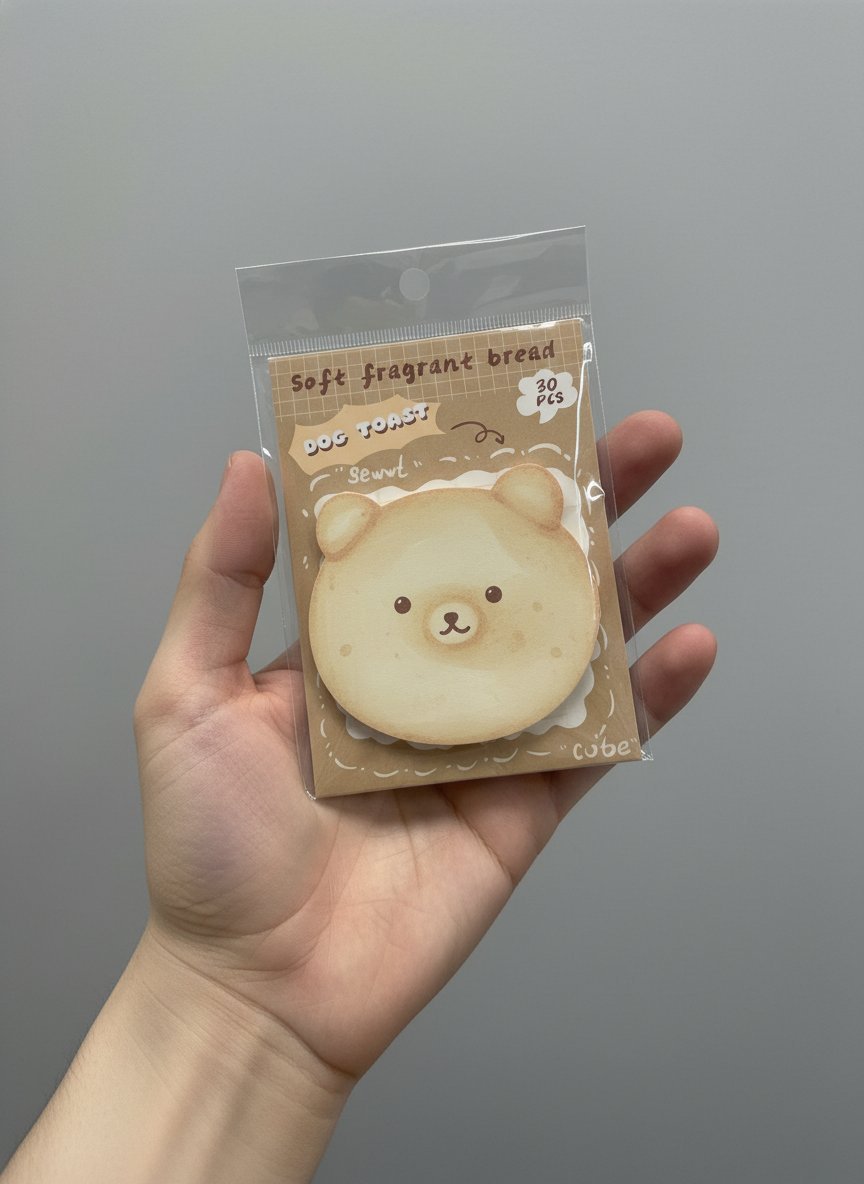 Confezione di sticky notes a forma di pane tostato con facce di gatto kawaii, disponibili in 4 varianti colorate