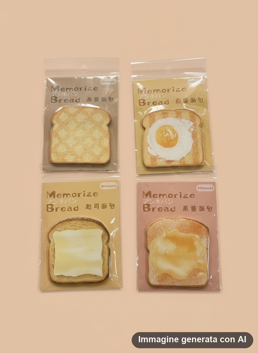Quattro blocchetti di foglietti adesivi a forma di fetta di pane tostato con uovo, formaggio e marmellata