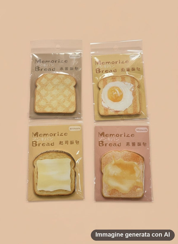 Quattro blocchetti di foglietti adesivi a forma di fetta di pane tostato con uovo, formaggio e marmellata