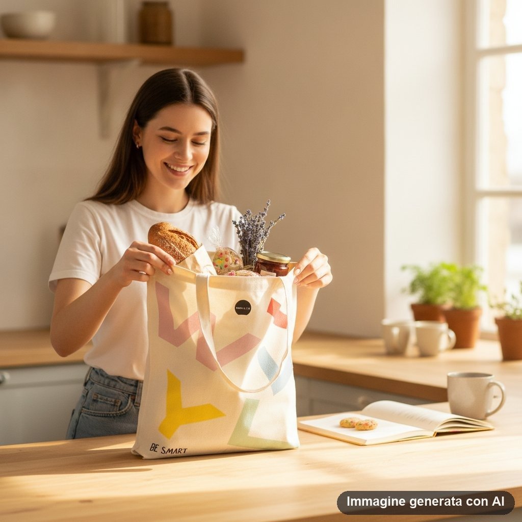 Shopper in tela naturale con stampa geometrica colorata in rosa, giallo, blu e verde, con scritta BE SMART