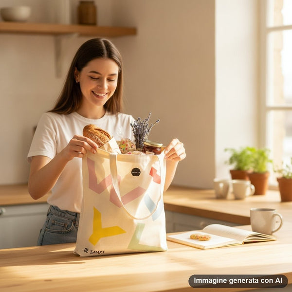 Shopper in tela naturale con stampa geometrica colorata in rosa, giallo, blu e verde, con scritta BE SMART