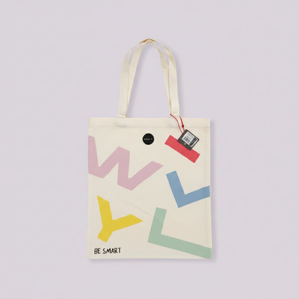 Shopper in tela naturale con stampa geometrica colorata in rosa, giallo, blu e verde, con scritta BE SMART