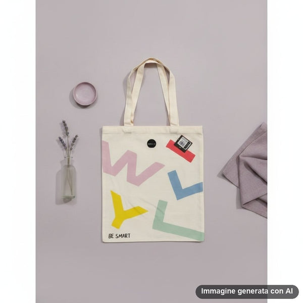 Shopper in tela naturale con stampa geometrica colorata in rosa, giallo, blu e verde, con scritta BE SMART