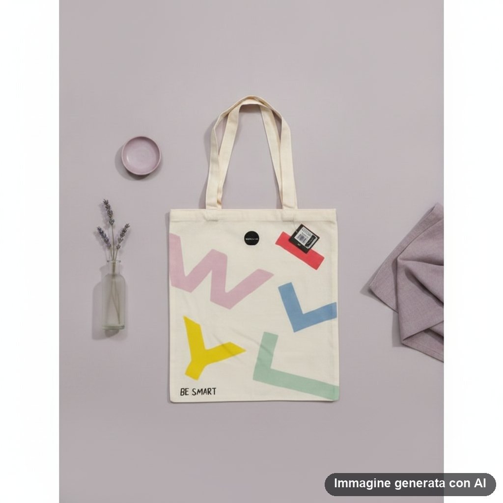 Shopper in tela naturale con stampa geometrica colorata in rosa, giallo, blu e verde, con scritta BE SMART