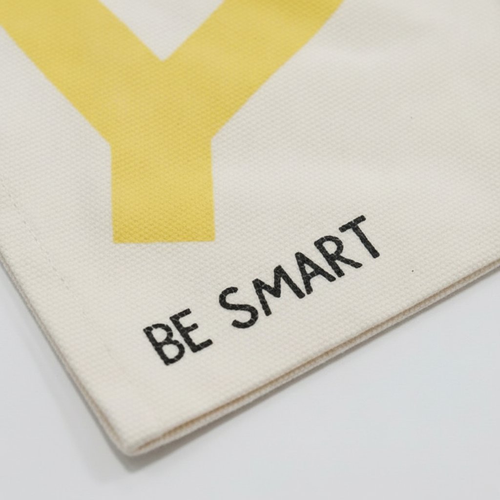 Shopper in tela naturale con stampa geometrica colorata in rosa, giallo, blu e verde, con scritta BE SMART