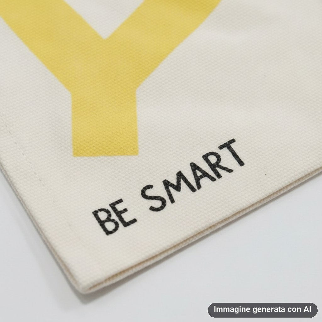 Shopper in tela naturale con stampa geometrica colorata in rosa, giallo, blu e verde, con scritta BE SMART