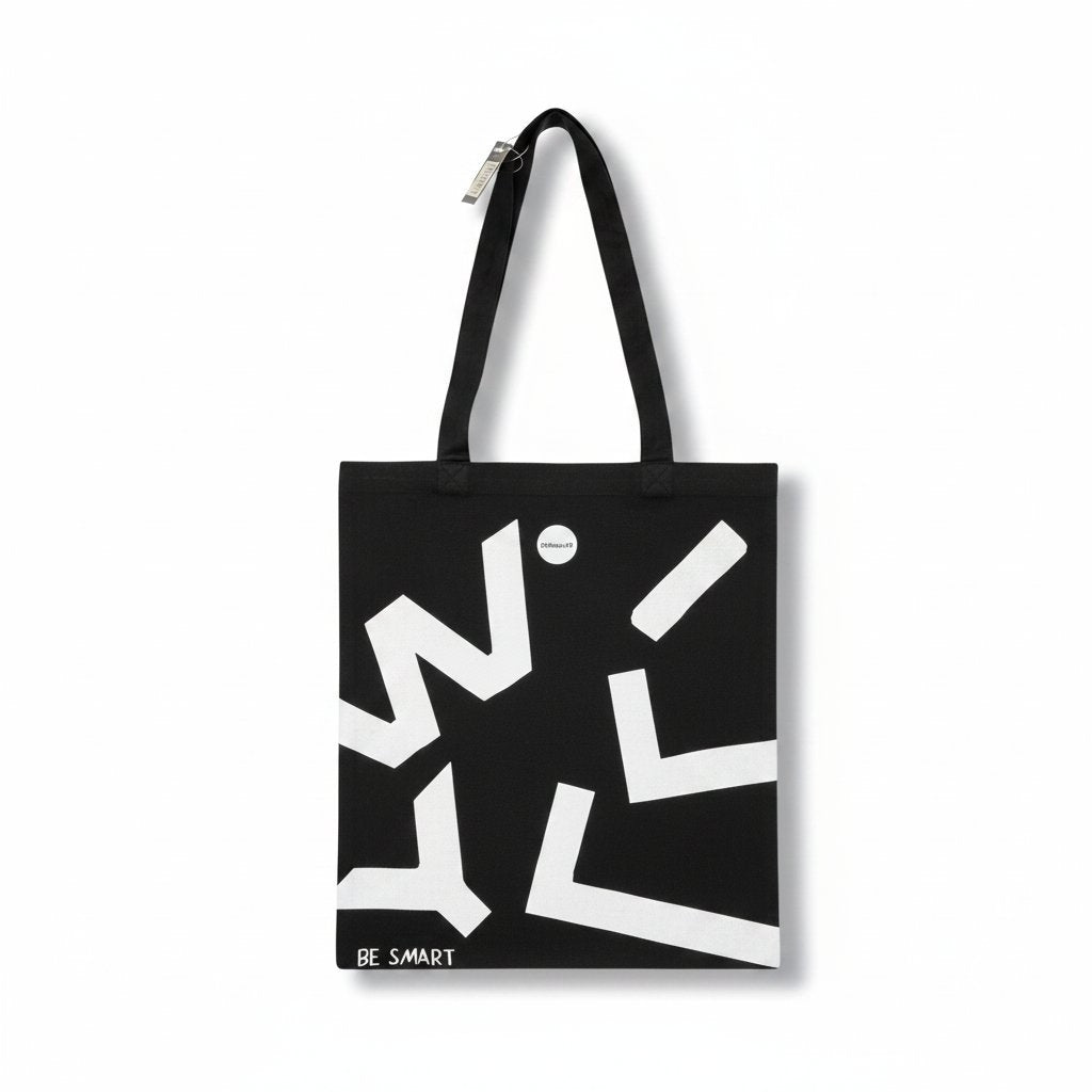 Shopper nera in tessuto con forme geometriche bianche astratte e logo Willy Be Smart