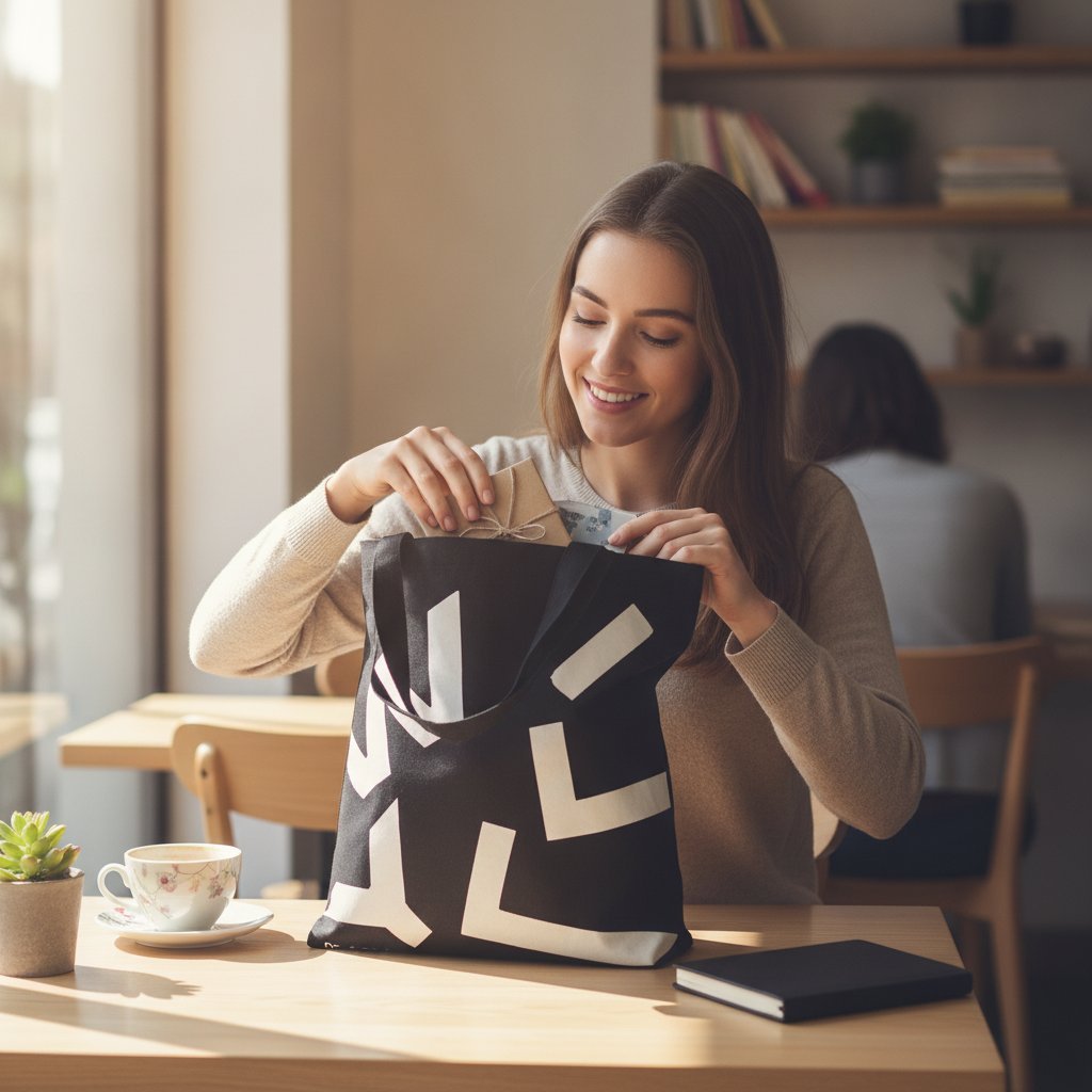 Shopper nera in tessuto con forme geometriche bianche astratte e logo Willy Be Smart