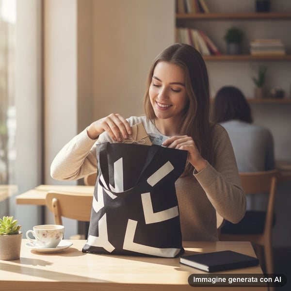 Shopper nera in tessuto con forme geometriche bianche astratte e logo Willy Be Smart