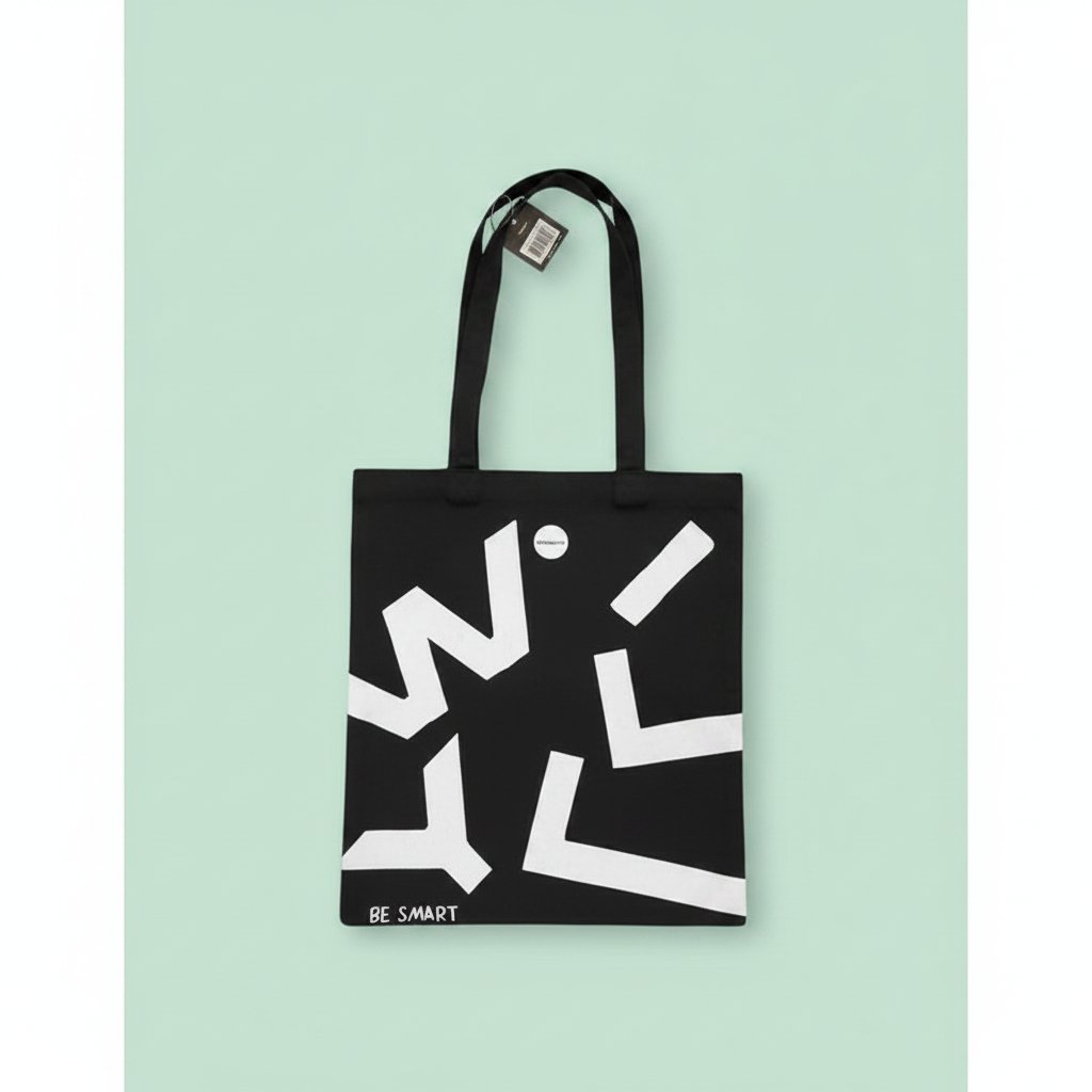 Shopper nera in tessuto con forme geometriche bianche astratte e logo Willy Be Smart