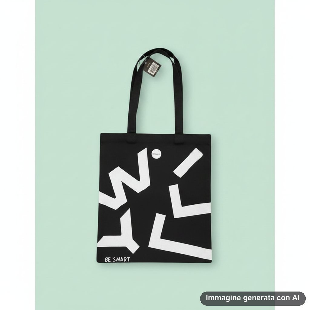 Shopper nera in tessuto con forme geometriche bianche astratte e logo Willy Be Smart