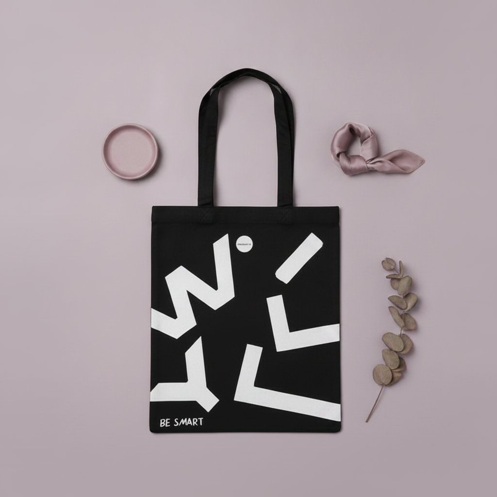 Shopper nera in tessuto con forme geometriche bianche astratte e logo Willy Be Smart