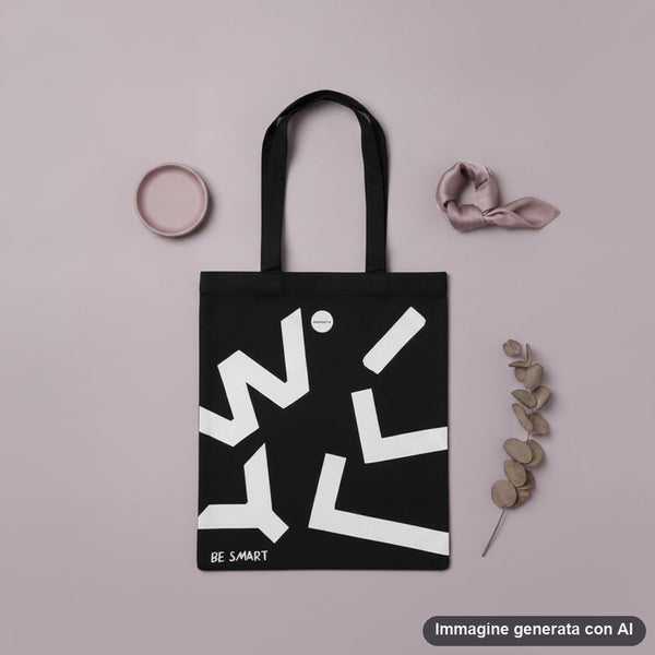 Shopper nera in tessuto con forme geometriche bianche astratte e logo Willy Be Smart