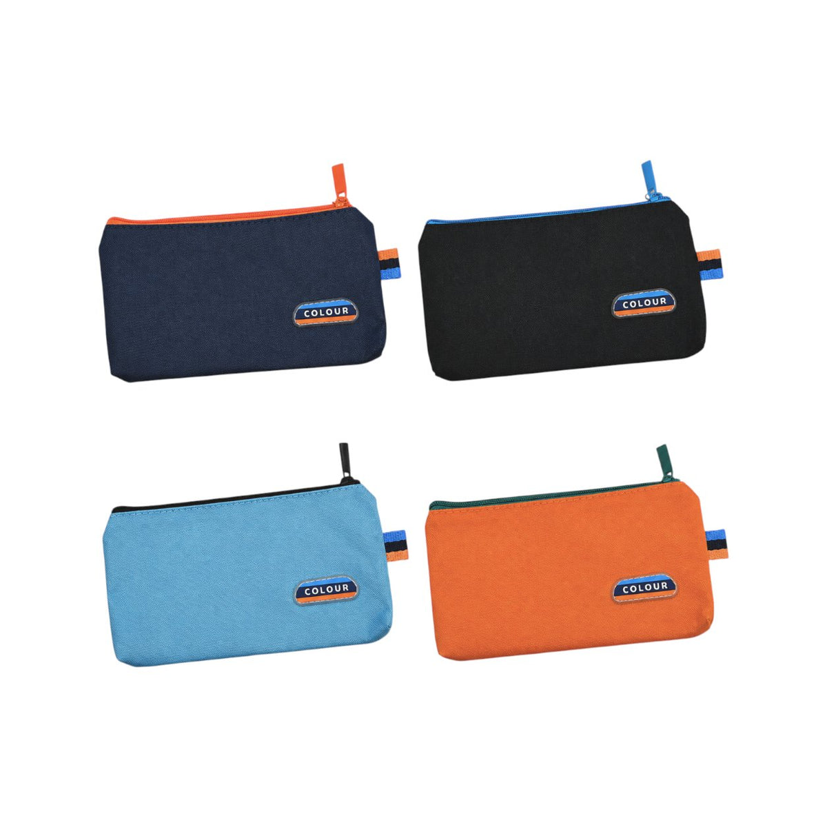 Quattro astucci portapenna in cotone bicolore disponibili in blu scuro, nero, azzurro e arancio con dettagli coordinati