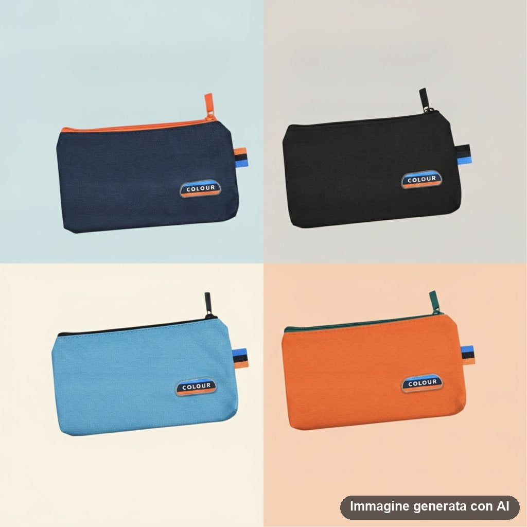 Quattro astucci portapenne in tessuto tinta unita blu, nero, azzurro e arancione con zip colorata.