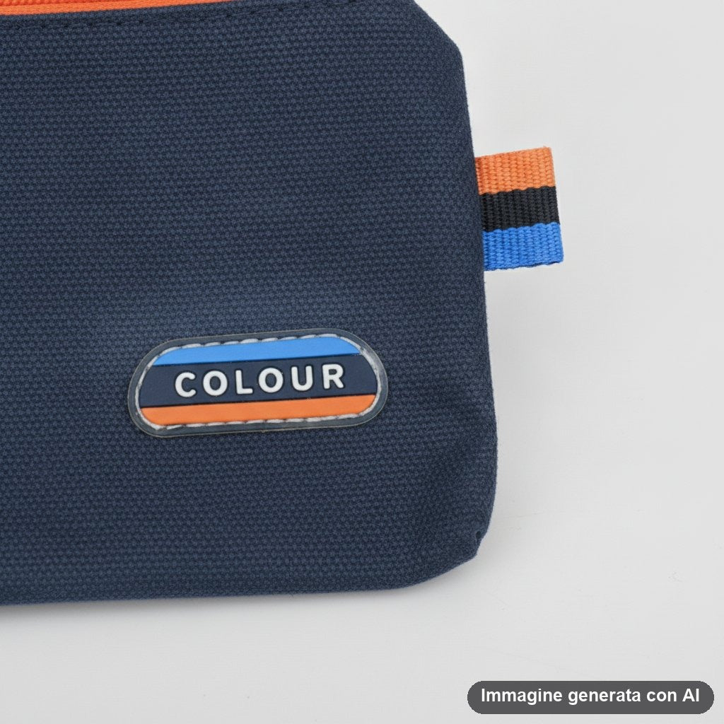 Quattro astucci portapenne in tessuto tinta unita blu, nero, azzurro e arancione con zip colorata.