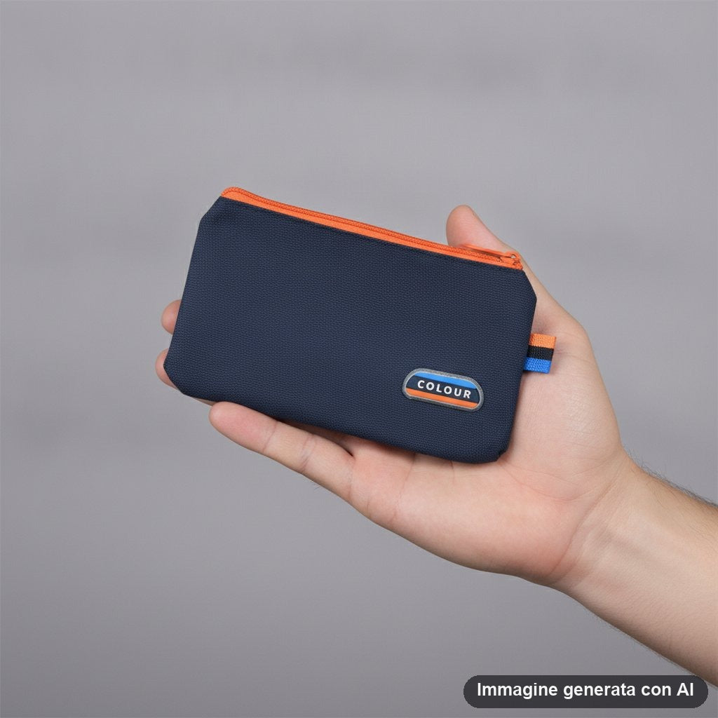 Quattro astucci portapenne in tessuto tinta unita blu, nero, azzurro e arancione con zip colorata.