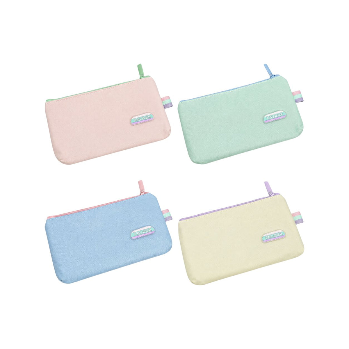 Quattro astucci portapenna in colori pastello rosa, verde, azzurro e giallo con zip arcobaleno e maniglia