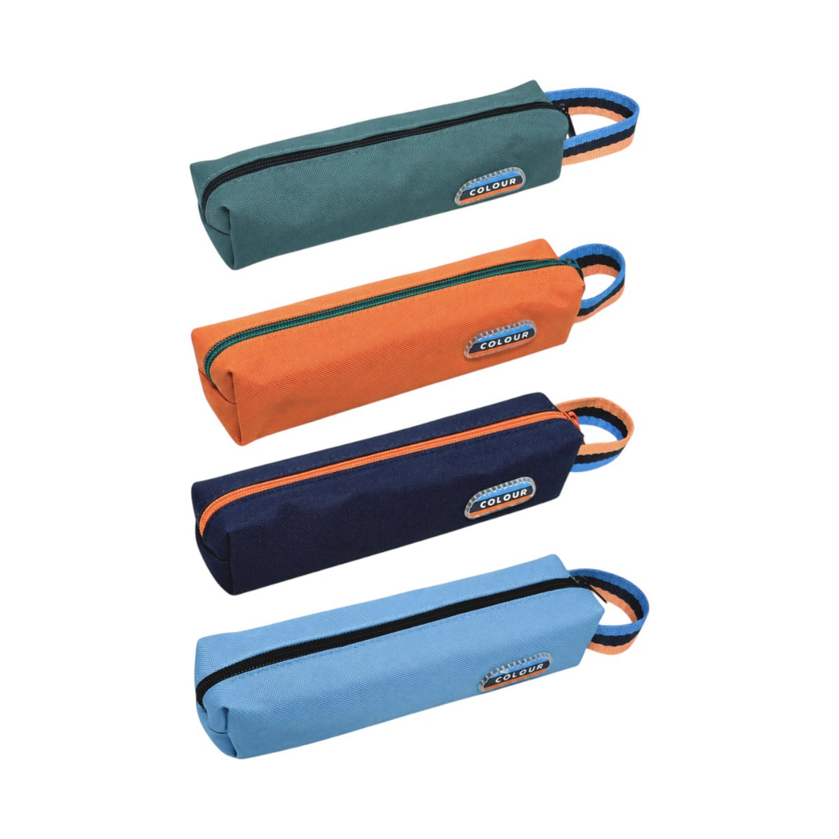 Quattro astucci portapenna cilindrici in diversi colori con zip e manico, disposti in fila