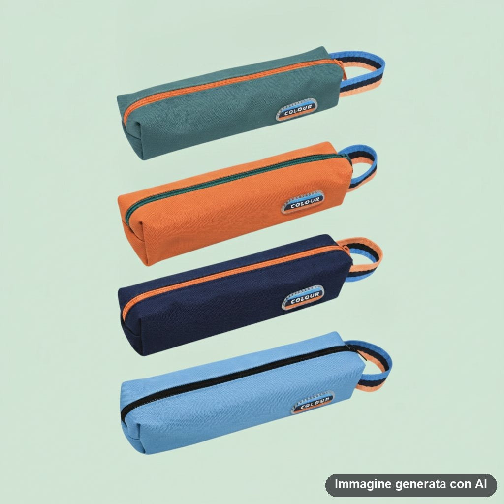 Quattro astucci portapenne a tubo con cerniera e passante a righe, in verde, arancione, blu e azzurro