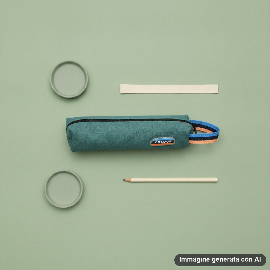 Quattro astucci portapenne a tubo con cerniera e passante a righe, in verde, arancione, blu e azzurro