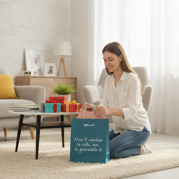 Set di quattro shopper medie in colori vivaci giallo, turchese, rosa e arancio con frasi motivazionali italiane stampate e ma