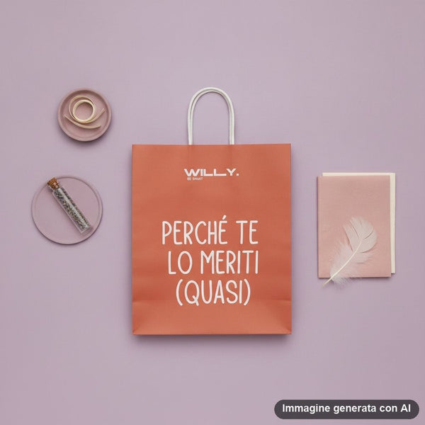 Quattro shopper colorate giallo, turchese, rosa e arancio con frasi ironiche scritte in bianco e manici in corda