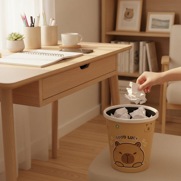 Cestino beige con capibara marrone kawaii e scritta Good Luck, fiori e stelline decorative, bordo bianco