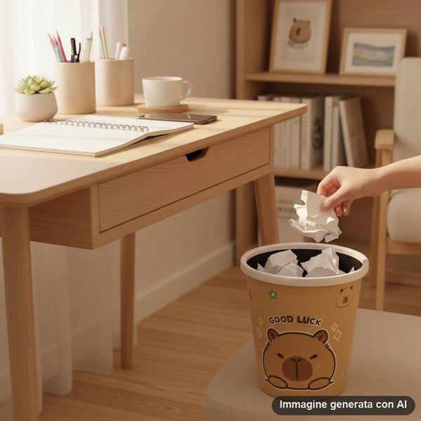 Cestino beige con capibara marrone kawaii e scritta Good Luck, fiori e stelline decorative, bordo bianco