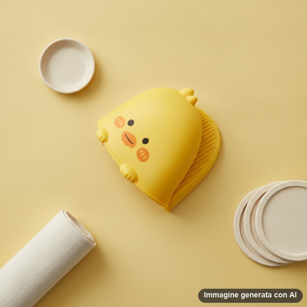 Presina in silicone giallo a forma di pulcino con faccina tenera e dettagli arancioni
