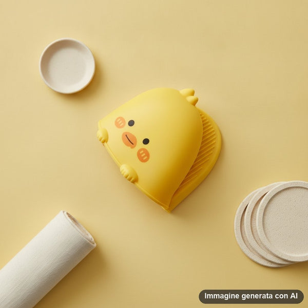 Presina in silicone giallo a forma di pulcino con faccina tenera e dettagli arancioni