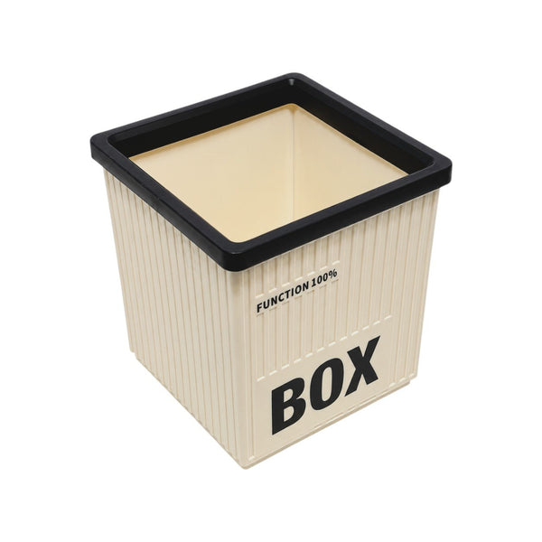 Contenitore quadrato beige con coperchio nero e scritta BOX, ideale per organizzare oggetti piccoli