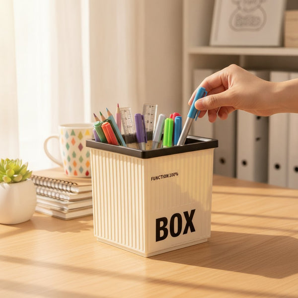 Contenitore quadrato beige con coperchio nero e scritta BOX, ideale per organizzare oggetti piccoli