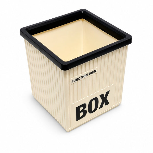Contenitore portapenne a forma di container in plastica avorio con bordo nero e scritta stampata