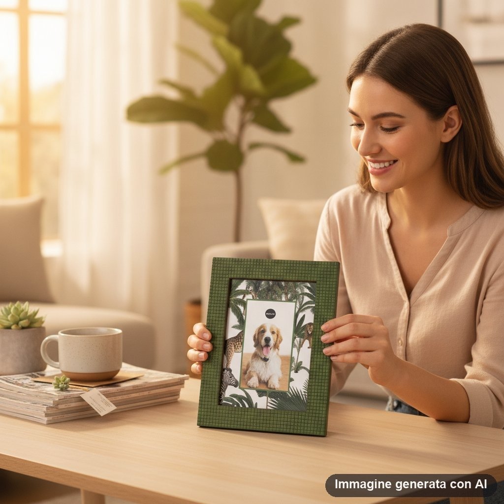 Tre cornici portafoto rettangolari con texture rilievo nei colori verde, marrone e beige, con disegno botanico interno