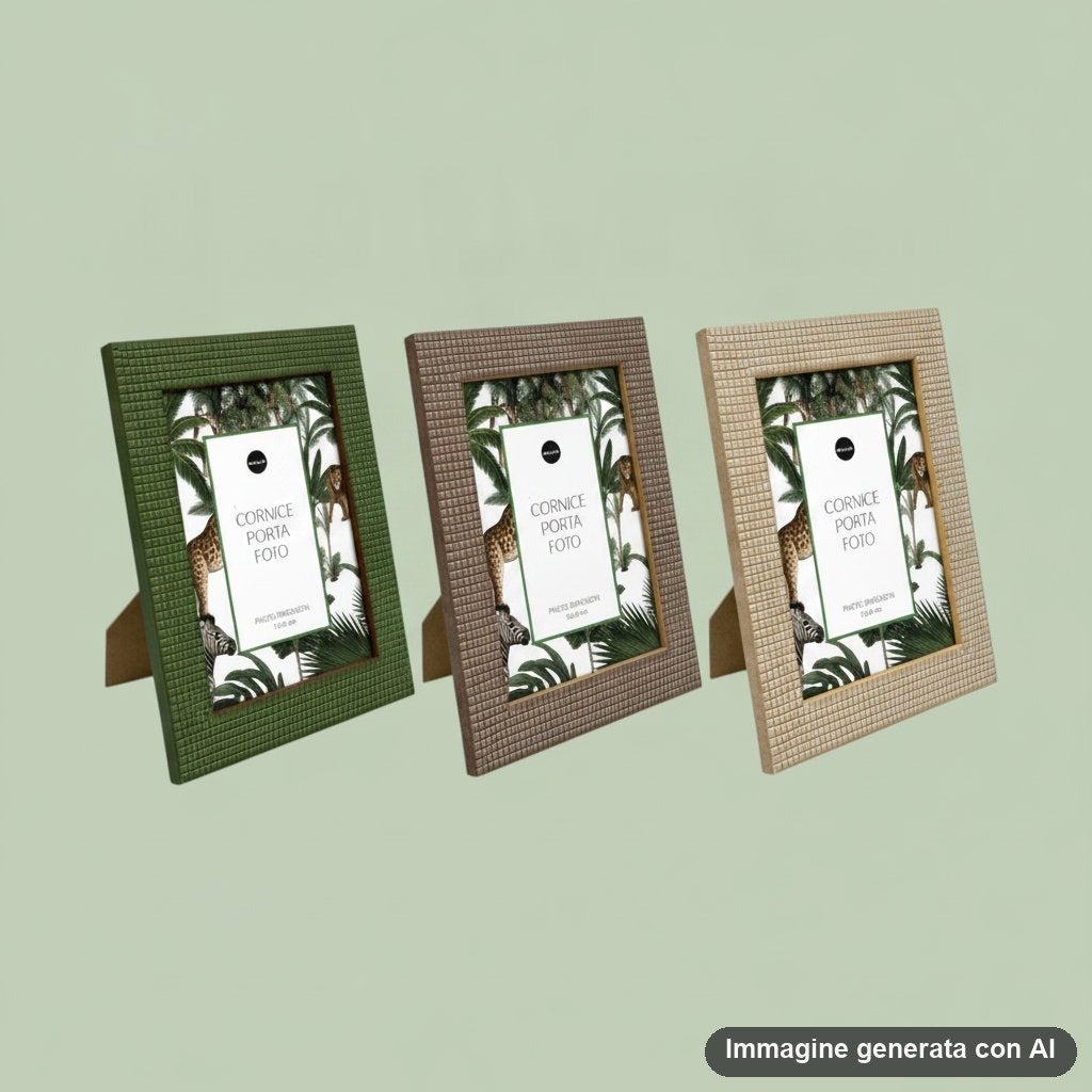 Tre cornici portafoto rettangolari con texture rilievo nei colori verde, marrone e beige, con disegno botanico interno