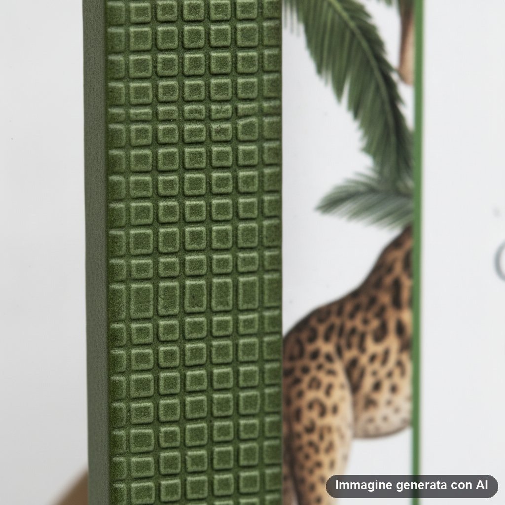Tre cornici portafoto rettangolari con texture rilievo nei colori verde, marrone e beige, con disegno botanico interno