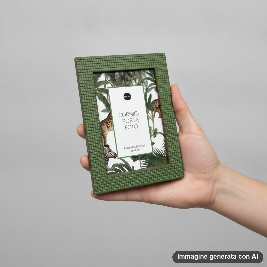 Tre cornici portafoto rettangolari con texture rilievo nei colori verde, marrone e beige, con disegno botanico interno