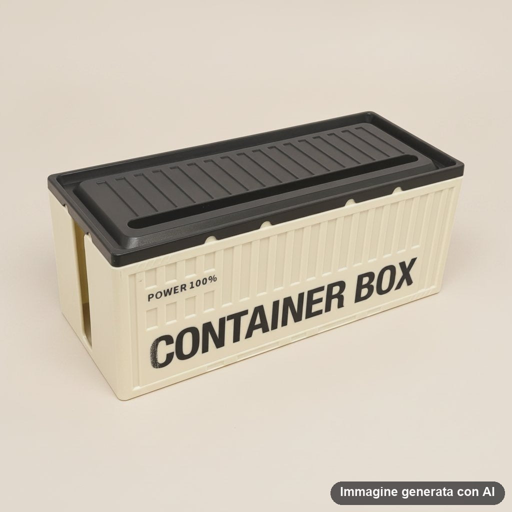 Contenitore rettangolare a forma di container in plastica avorio con coperchio nero apribile