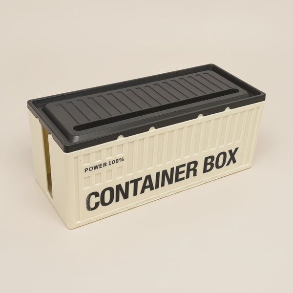 Contenitore box a forma di container navale in colore beige e nero con coperchio rimovibile e manici