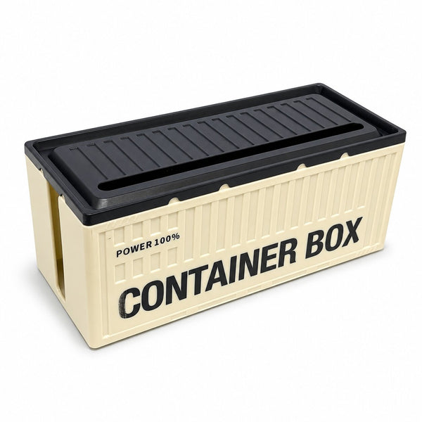Contenitore rettangolare a forma di container in plastica avorio con coperchio nero apribile