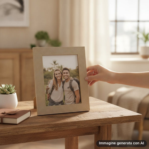Tre portafoto con cornice texture a maglia nei colori verde, marrone e beige con decorazione botanica interna